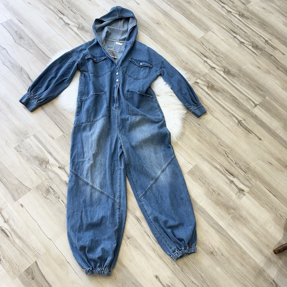 OYROSY Casual Loose Retro Pocket Long Sleeve Hooded Zipper Denim Jumpsuit Medium